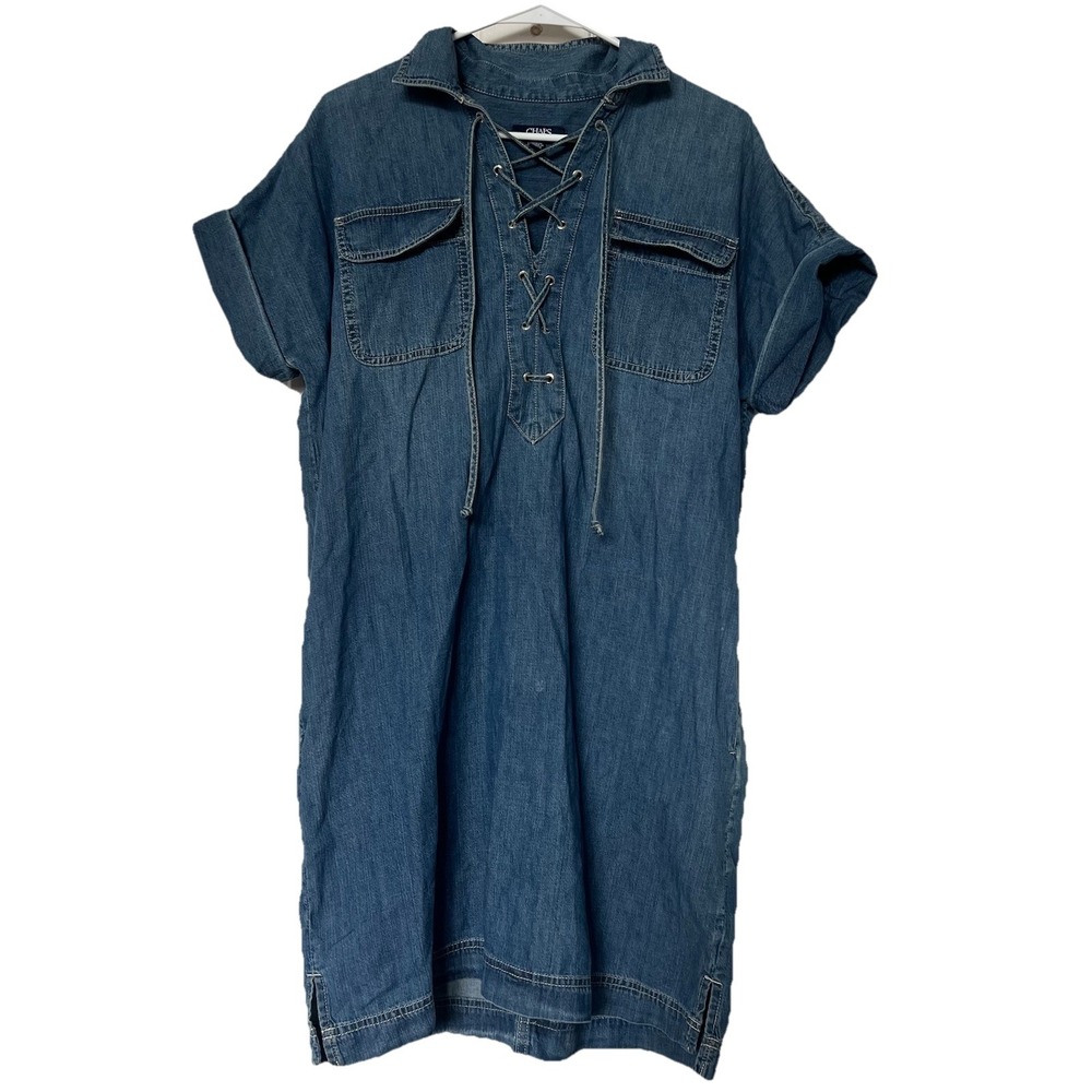 NWT Chaps Dress Denim Midi Cotton Pockets Tie Strings Short Sleeve Spring Large